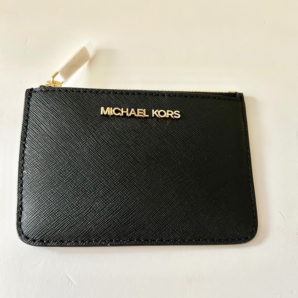 NEW Michael Kors Jet Set Black Saffiano Travel Zipper Leather Coin Pouch Wallet